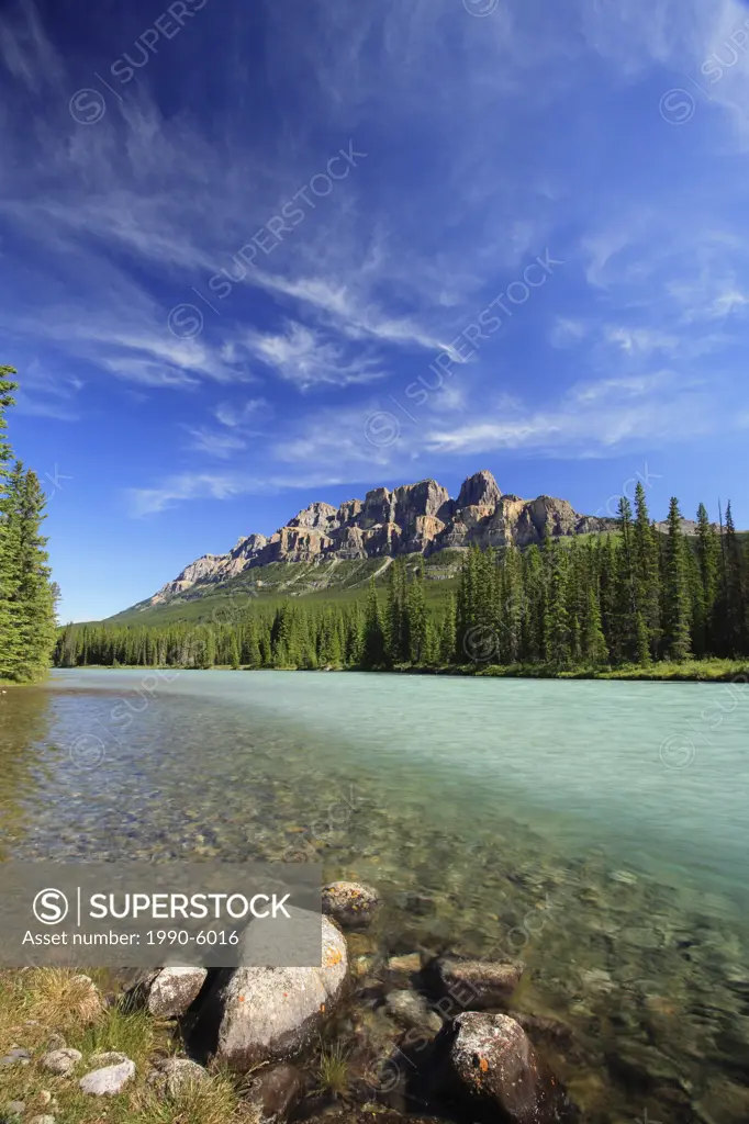 Castle Mountain and the Bow River in the Bow Valley, Banff National Park, Alberta, Canada