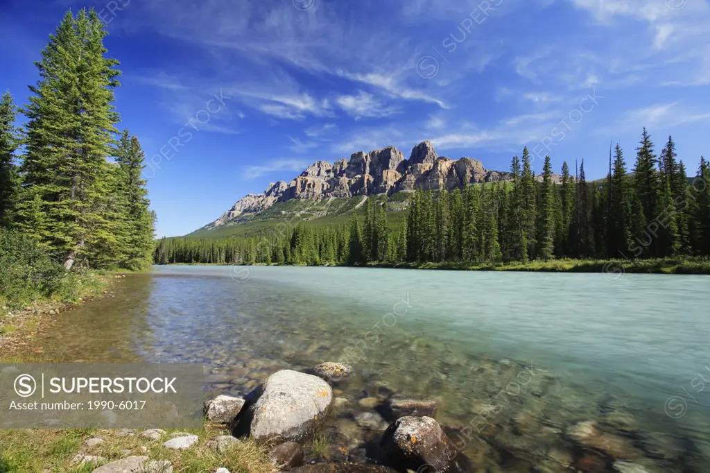 Castle Mountain and the Bow River in the Bow Valley, Banff National Park in the Canadian Rockies, alberta, canada