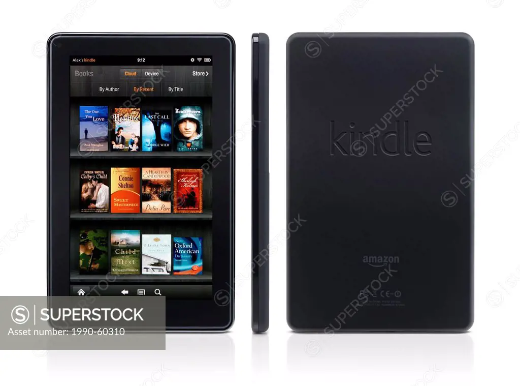 Amazon Kindle Fire tablet computer e_book reader front rear and side view isolated on white background with clipping path