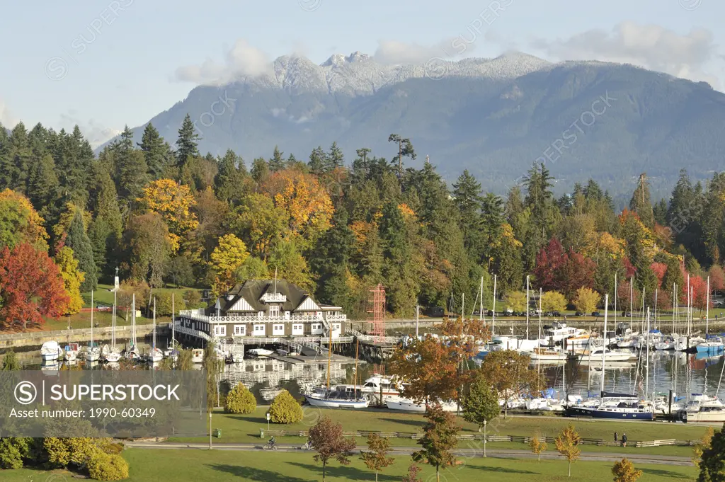 Vancouver Rowing Club, Devonian Harbour Park, Stanley Park, and North Shore Mountains in autumn, Vancouver, British Columbia, Canada
