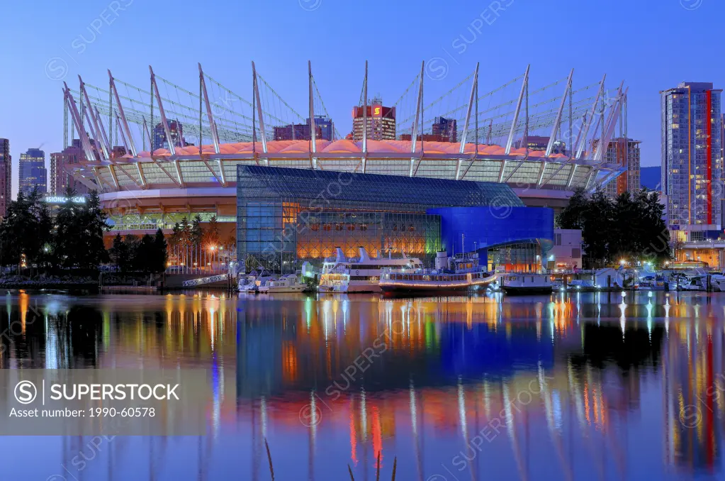 BC Place reflected in False Creek, Vancouver British Columbia, Canada