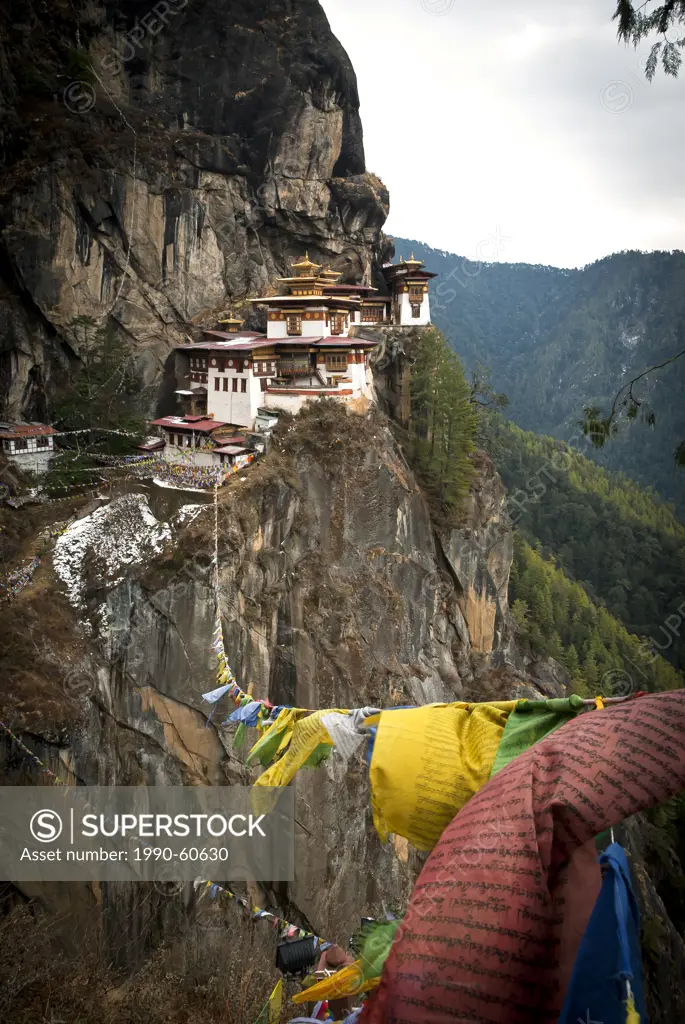 Taktsang Tigers Nest Monastery looms above Paro, Bhutan
