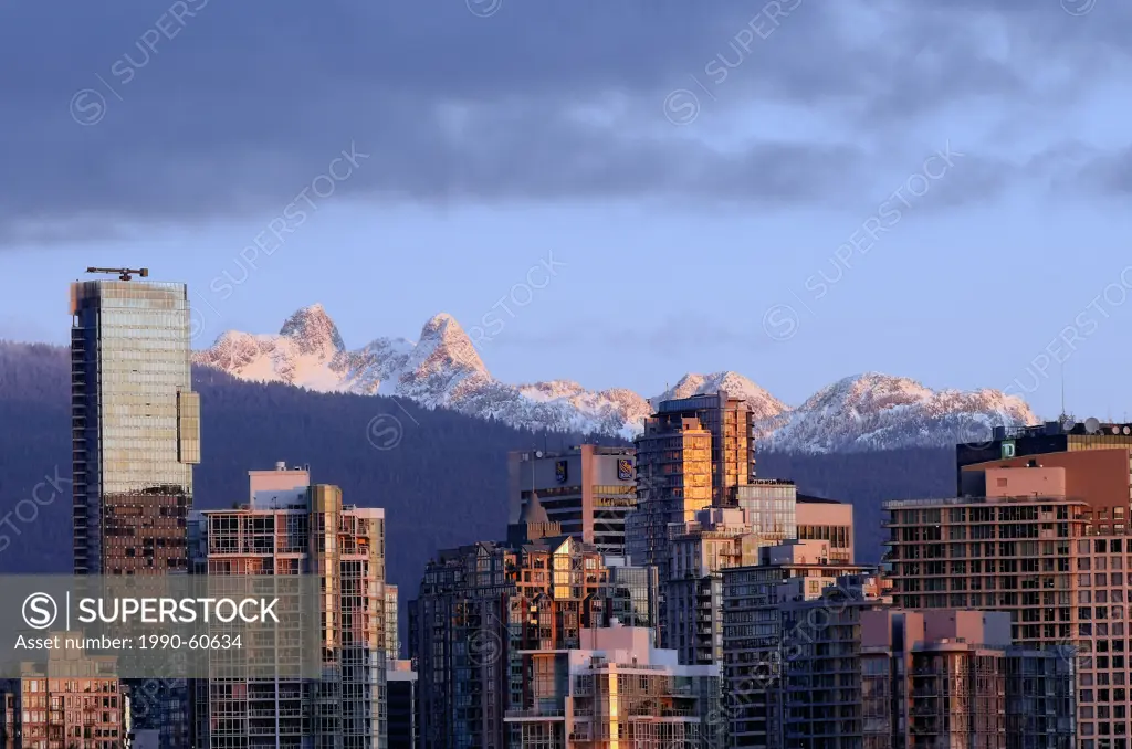 The Lions, landmark North Shore mountains, at sunrise, Vancouver, British Columbia, Canada