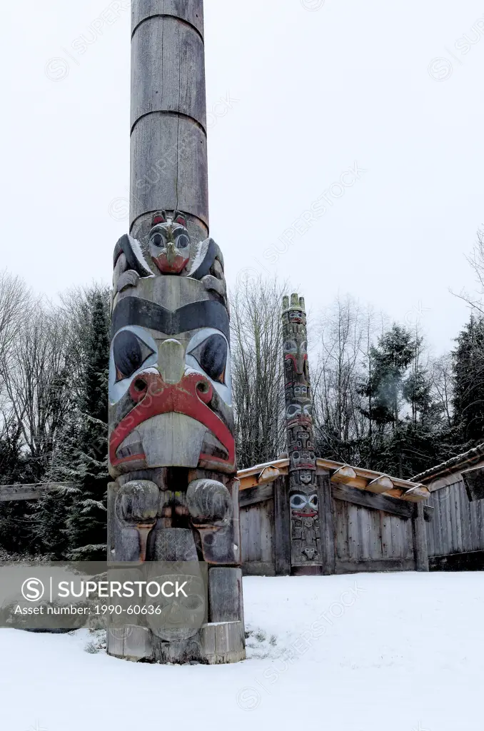 Totem poles and longhouse, Museum of Anthropology, MOA. University of British Columbia, Vancouver, British Columbia, Canada