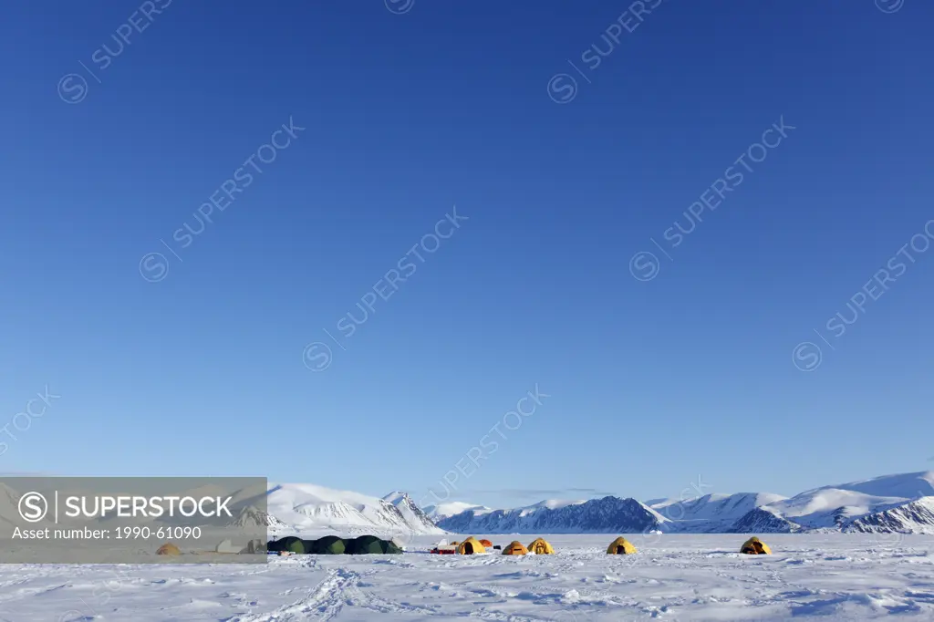 Polar expedition camp on the ice in the Canadian Arctic off the coast of Baffin Island in Nunavut, Canada