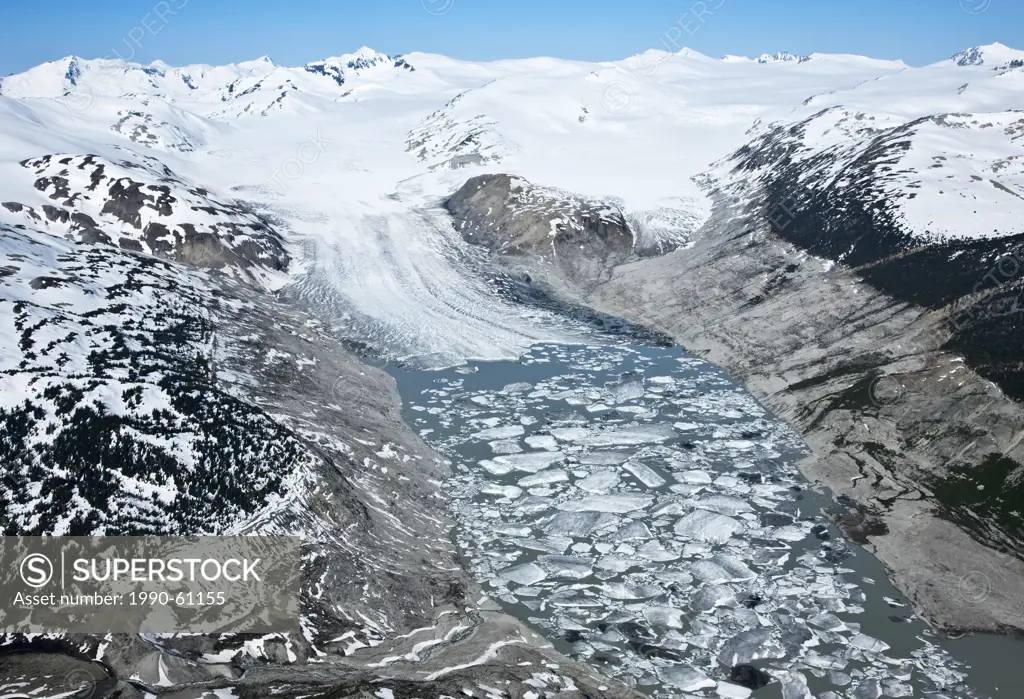 Aerial photography over the Bridge River Glacier in the South Cariboo Chilcotin region of British Columbia Canada