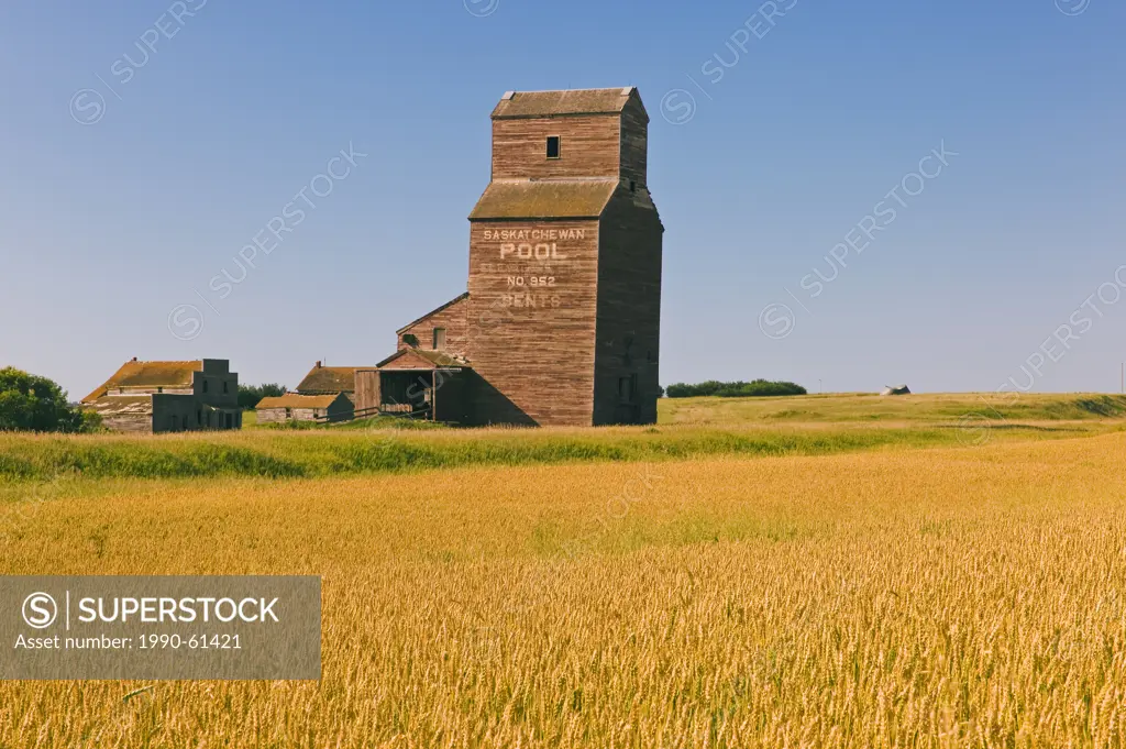 wheat field, old grain elevator, abandoned/ghost town of Bents, Saskatchewan, Canada