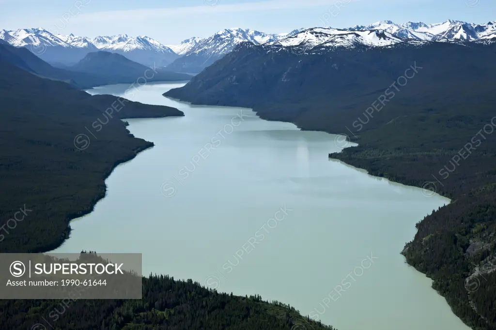 Aerial photography over the Taseko Lake in the South Cariboo Chilcotin region of British Columbia Canada