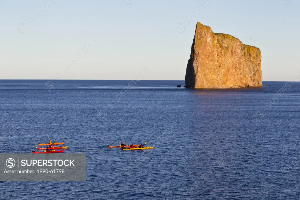 Kayakers in front of Perce Rock, Perce, Gaspé Penninsula, Quebec, Canada