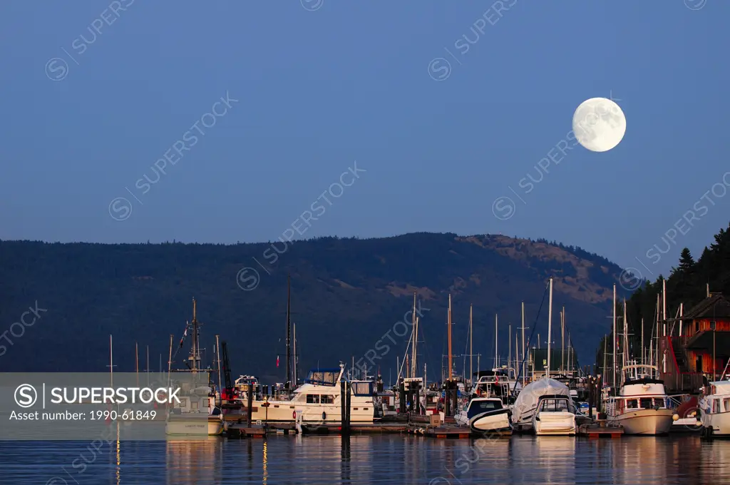 A full moon rising over a marina in Cowichan Bay, British Columbia, Canada.
