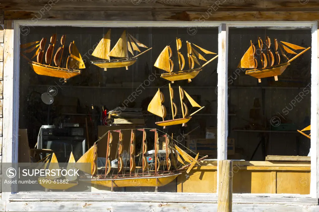 Wooden carved ships, Perce, Gaspé Penninsula, Quebec, Canada
