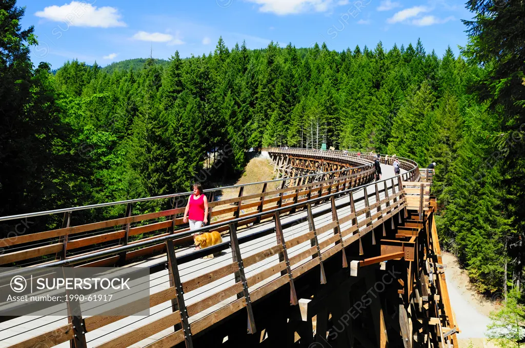 A woman model release and her dog walk across the newly refurbished Kinsol Trestle in the Shawnigan Lake, British Columbia, Canada.