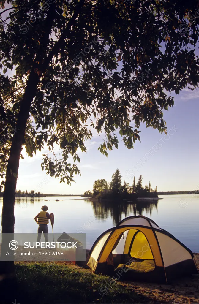 Canoeist , Otter Falls, Whiteshell Provincial Park, Manitoba, Canada