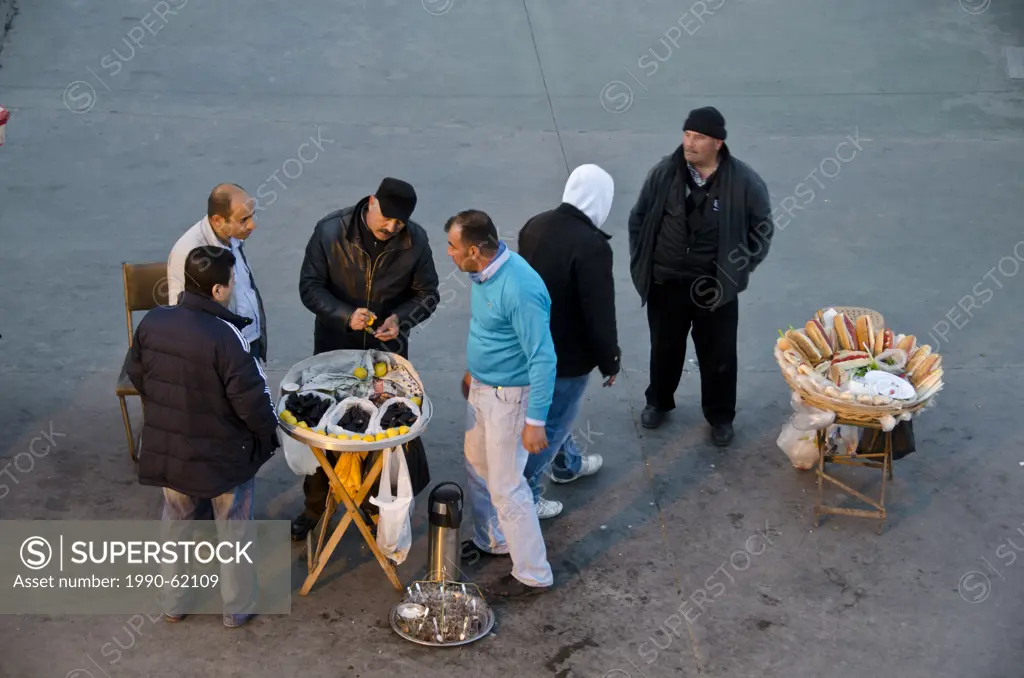 Food vendors on the Golden Horn by the Galata Bridge, located in the Eminönü district of Istanbul, Turkey.