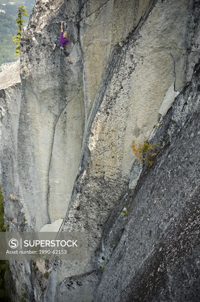 Trad Climber on North Star at Topside Crags, Stawamus Chief Provincial Park, Squamish, British Columbia Canada