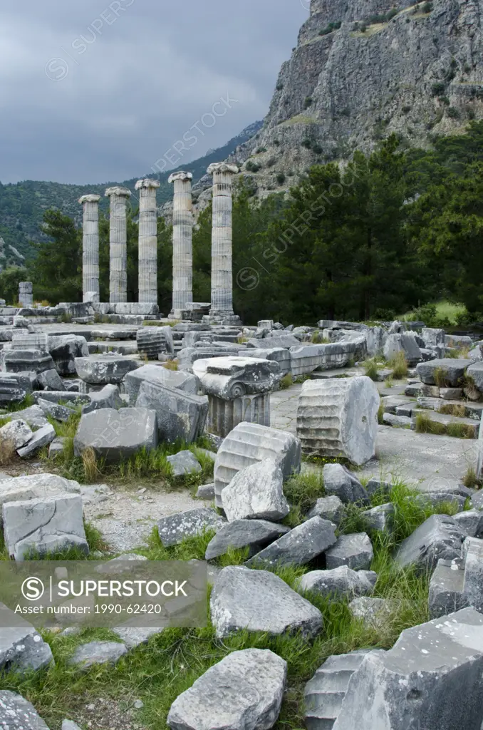 Priene ruins of an ancient Greek city of Ionia at the base of an escarpment of Mycale, 25 kilometres 16mi from ancient Miletus, Turkey