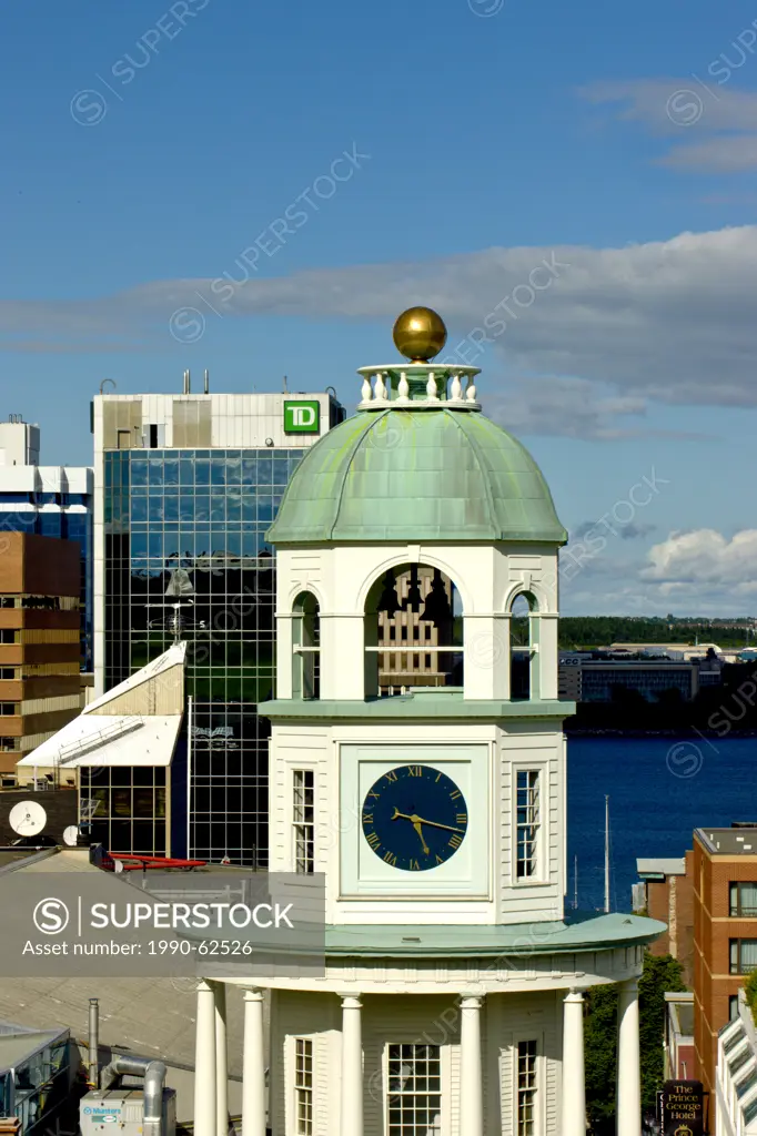 The Citadel fort clock tower in the foreground with downtown Halifax in background, Nova Scotia, Canada