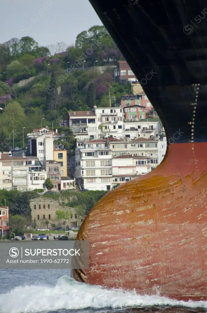 Shipping traffic, freighter bow, along the Bosphorus, Istanbul, Turkey