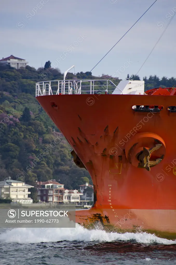Shipping traffic, freighter bow, along the Bosphorus, Istanbul, Turkey