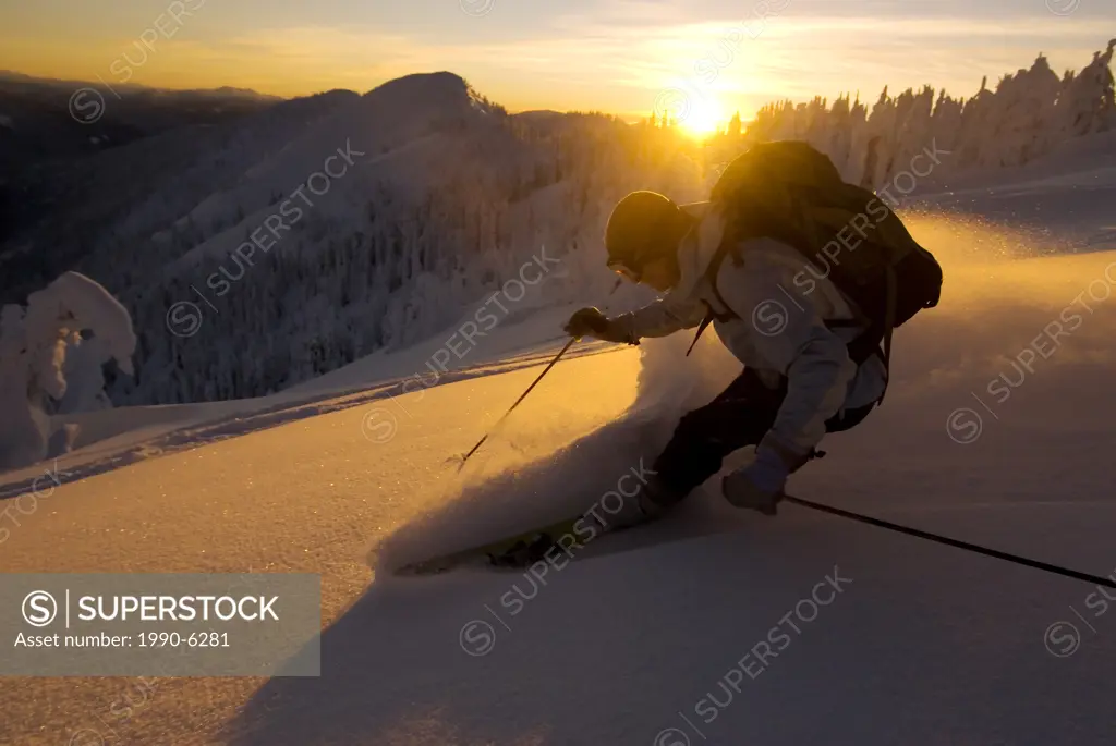 Woman ski instructor backlit with alpenglow, sunset, skiing powder down Evening Ridge, Whitewater ski resort, Nelson, British Columbia, Canada
