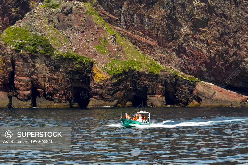 Whale watching tour boat against coastal cliffs, Witless Bay Ecological Reserve, Newfoundland, Canada