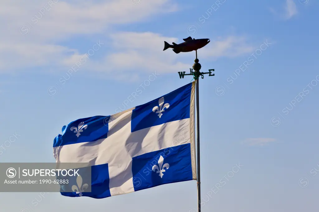 Salmon windvane and Quebec flag, Carleton_sur_Mer, Gaspe, Quebec, Canada