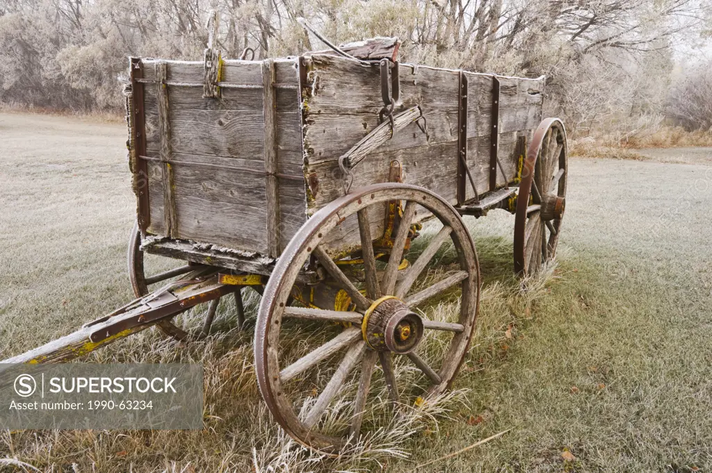 old wagon,frost covered trees, near Oakbank, Manitoba, Canada