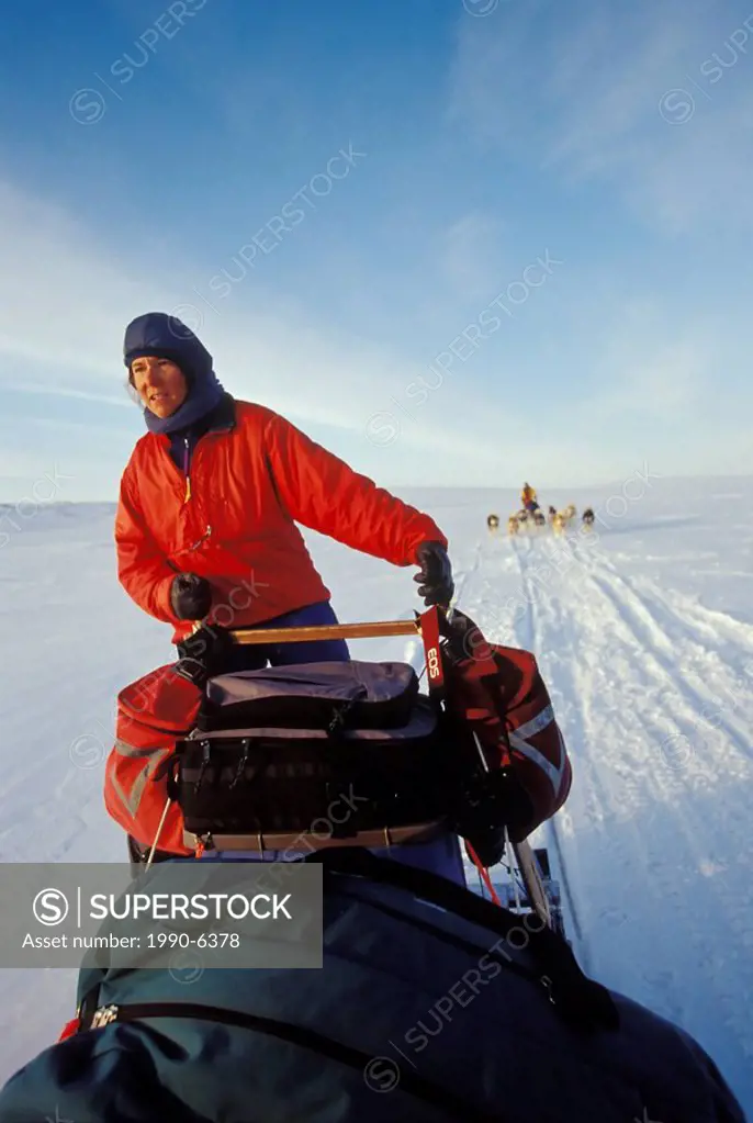 Young woman drives dogsled team across Meta Incognita Penninsula in early May, Baffin Island, Nunavut, Canada