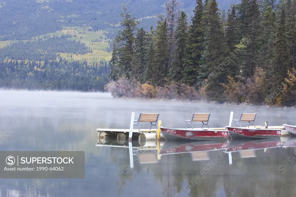 Benches on boat dock at Pyramid Lake, Jasper National Park, Alberta, Canada