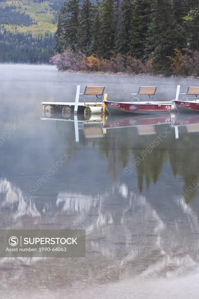 Benches on boat dock at Pyramid Lake, Jasper National Park, Alberta, Canada