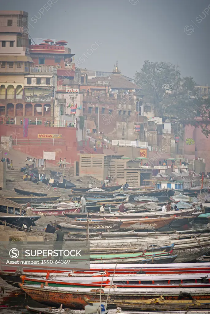 Many boats along the banks of the Ganges River, Varanasi India