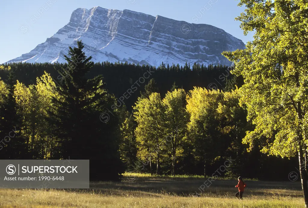young athletic woman trail running with the Rundle Mountain Ridge in the backdrop  This trail is located in Banff National Park, Canadian Rockies, Alb...