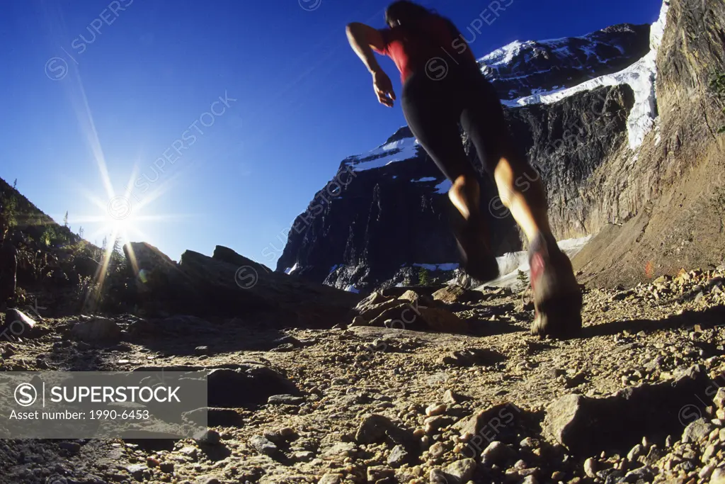a young athletic woman trail running in the early morning near Edith Caveal Mountian in Jasper National Park, Alberta, Canada