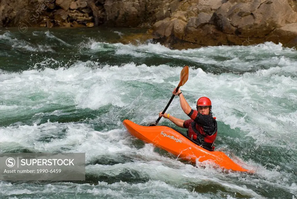 A Seasoned kayaker contemplates his route in the Clearwater River rapids near Clearwater, British Columbia, Canada