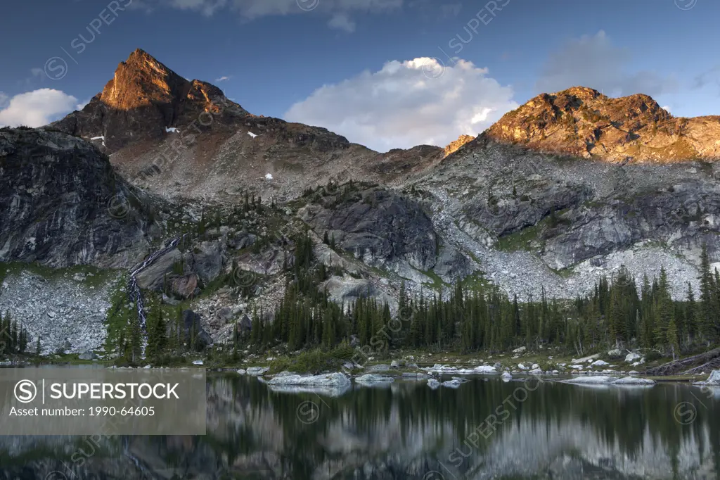 Alpenglow on Lucifer Peak, Gwillim Lakes, Selkirk Mountains, Valhalla Provincial Park, British Columbia, Canada