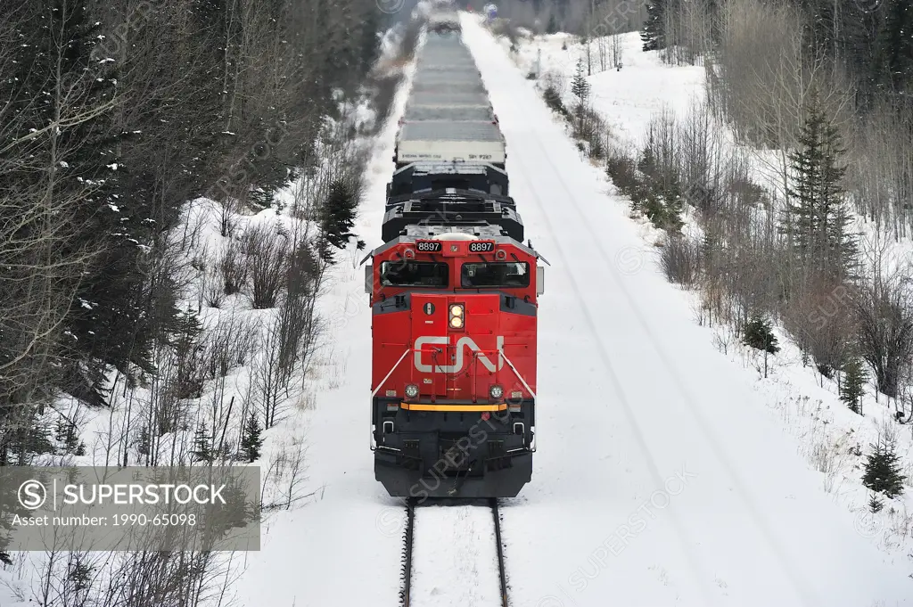 A Canadian National freight train pulling a load of containers along a straight section of track near the hamlet of Brule on a snowy winters day in th...