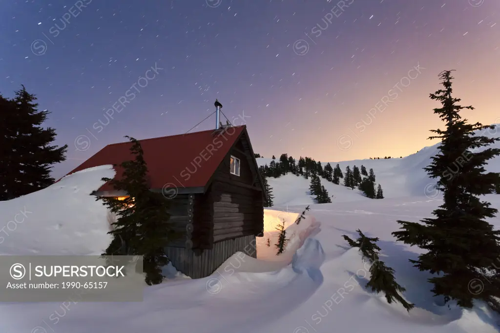 Mt. Steele cabin at night, Tetrahedron Provincial Park British Columbia, Canada.