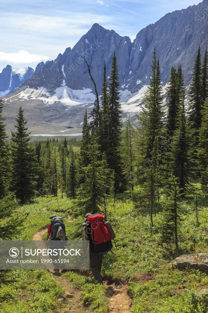 Two backpackers approach Wolverine Pass with the Rockwall and Tumbling Glacier beyond, Kootenay National Park, British Columbia, Canada.