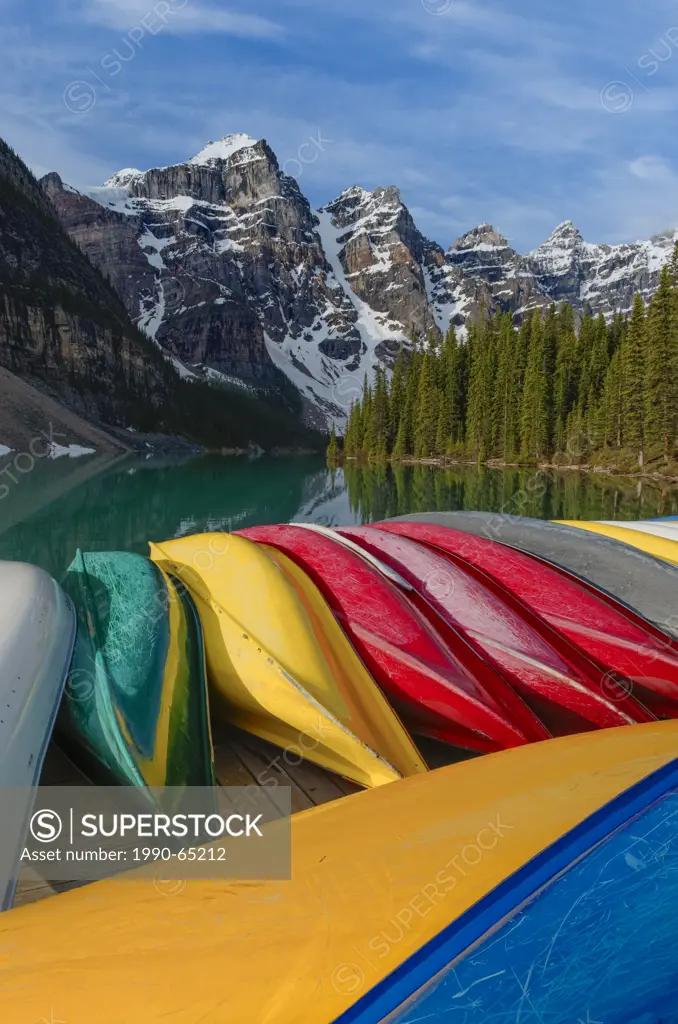 Colourful canoes, Moraine Lake, Banff National Park, Alberta, Canada