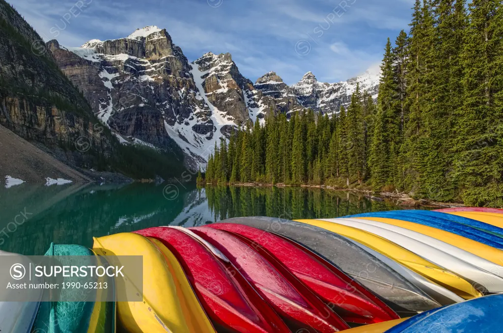 Colourful canoes, Moraine Lake, Banff National Park, Alberta, Canada