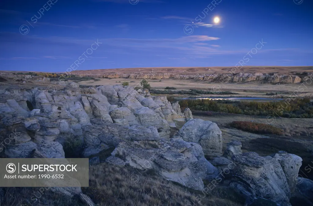 Moonrise in Writing-on-stone Provincial Park, Alberta, Canada