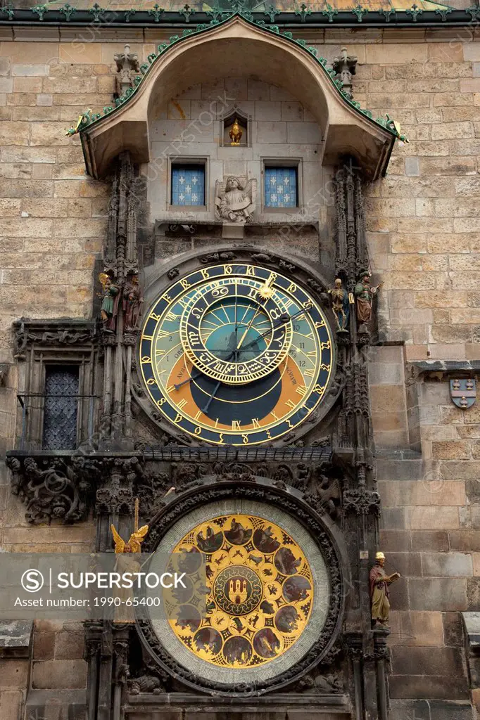 Prague Astronomical Clock or Orloj in Old Town Square, Prague, Czech Republic. The clock was first installed in 1410 is the third oldest astronomical ...
