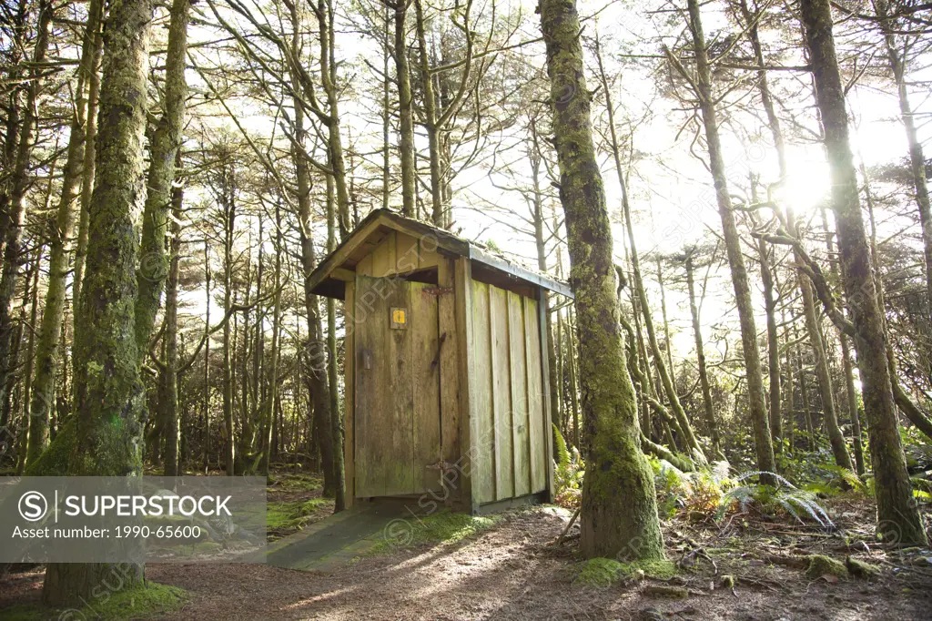 An outhouse or pit toilet in the rainforest at Green Point near Long Beach and Combers Beach in Pacific Rim National Park near Tofino, British Columbi...