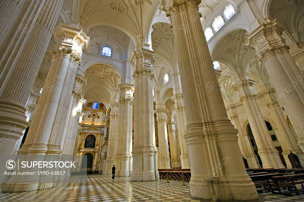 Columns and ceiling of the Granada Cathedral, City of Granada, Province of Granada, Andalusia Andalucia, Spain, Europe.