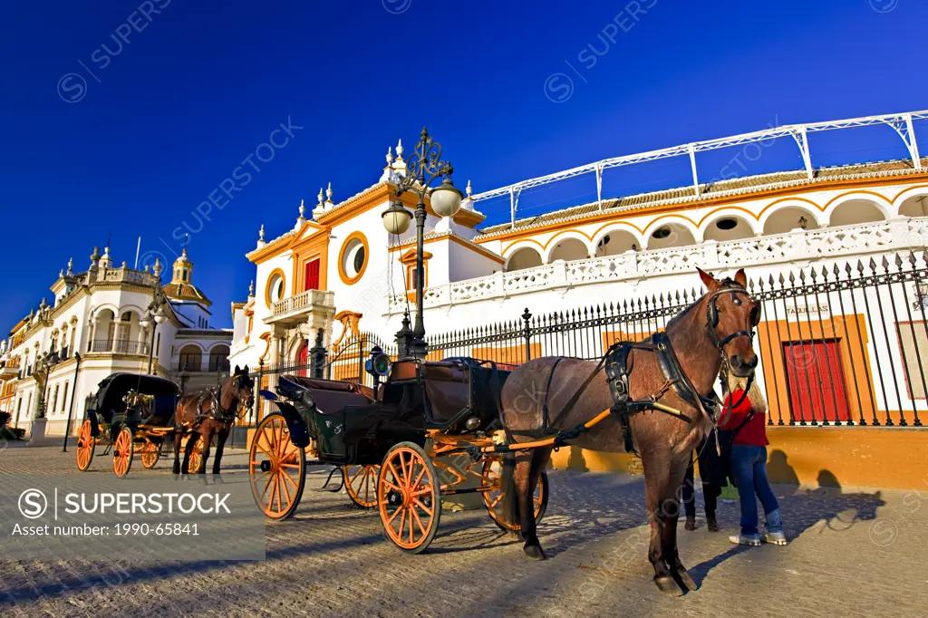 Horse drawn carriages outside the Plaza de Toros de la Maestranza also La Real Maestranza _ Bullring in the El Arenal district, City of Sevilla Sevill...