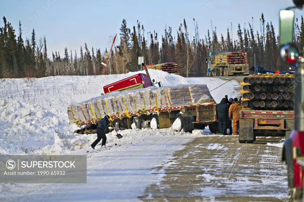 Truck accident on the James Dalton Highway, aka Haul Road, in northern Alaska near the Yukon River. Alaska, USA