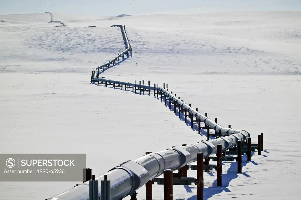 Trans Alaska Oil Pipeline Trans_Alaska Pipeline System, TAPS, Alyeska Pipeline, North Slope near James Dalton Highway in northern Alaska in winter.