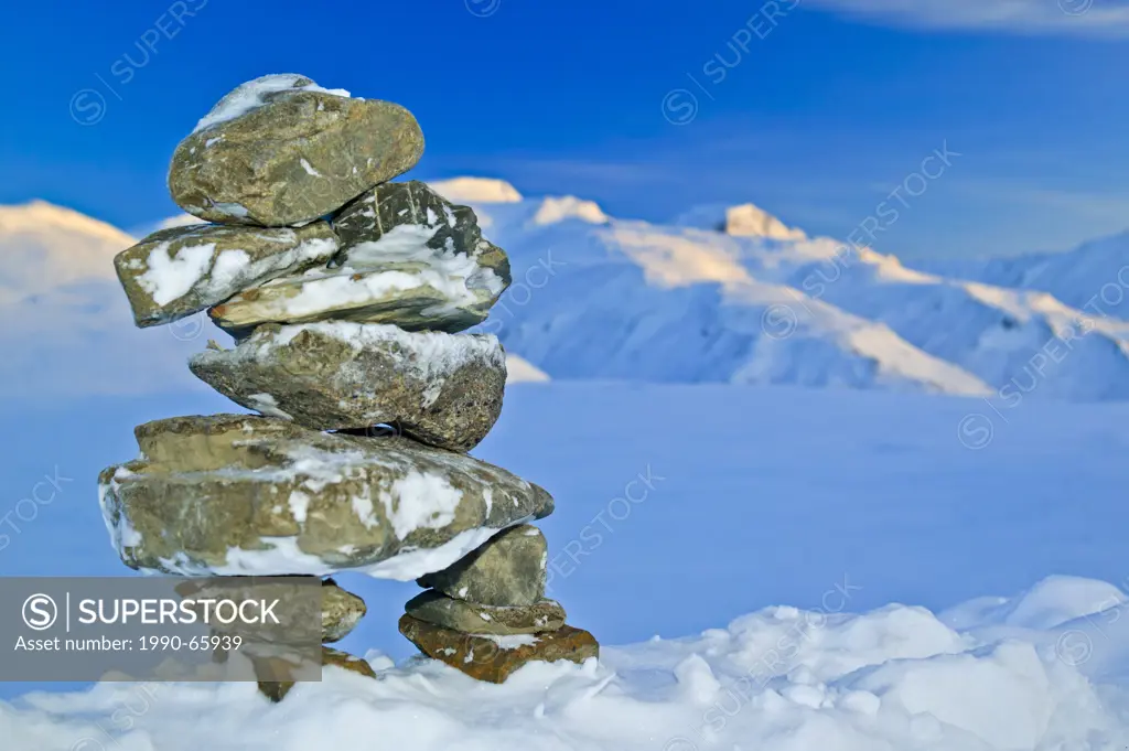 Inukshuk, rock landmark, icon, Alaska, Arctic, Winter