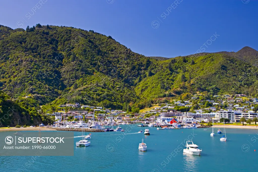 Picton Waterfront and Harbour, Queen Charlotte Sound, Picton, Marlborough, South Island, New Zealand.