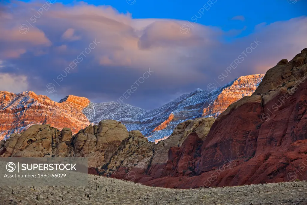 Spring Mountains, Red Rock Canyon National Conservation Area, Fresh snow on Spring Mountains during sunrise in Red Rock Canyon National Conservation A...